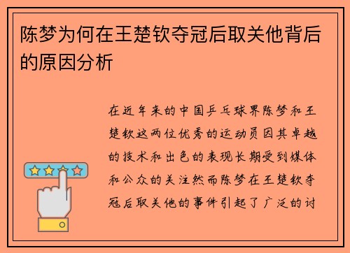 陈梦为何在王楚钦夺冠后取关他背后的原因分析