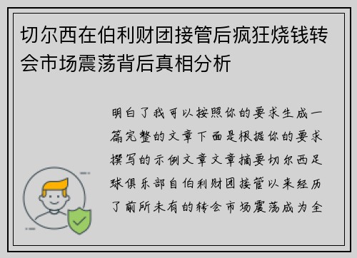 切尔西在伯利财团接管后疯狂烧钱转会市场震荡背后真相分析 切尔西在伯利财团接管后疯狂烧钱转会市场震荡背后真相分析